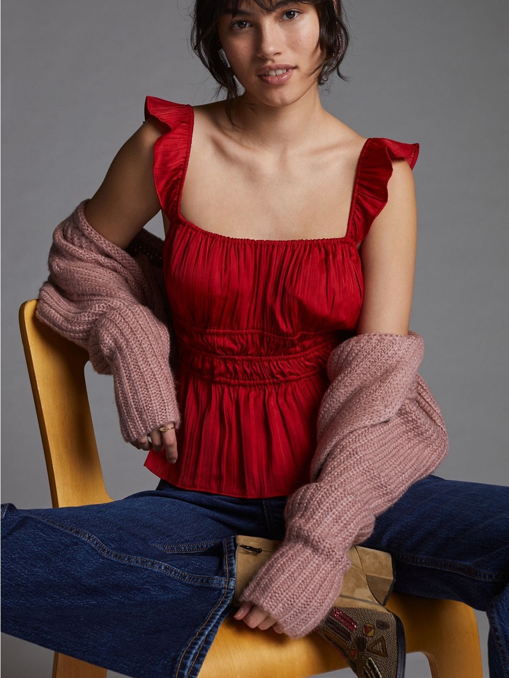 Anthropologie Satin Tiered Ruffled Tank Top in Red XL
